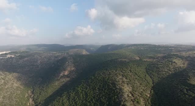 Goren Park in Israel, Northern District. Drone Point of View. Montfort Shtarkenberg is a ruined crusader castle in the Upper Galilee region in northern Israel.