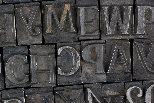 Close-up of vintage metal letterpress type background