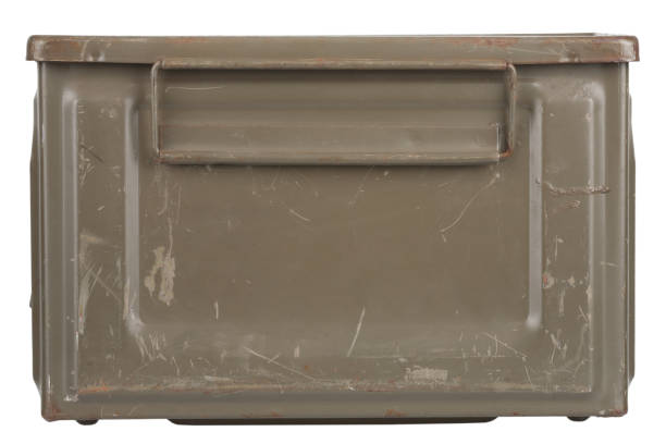 istock US army green metal .50 cal ammo can on white. 2122199666