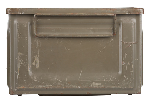 US army green metal .50 cal ammo can isolated on white background.