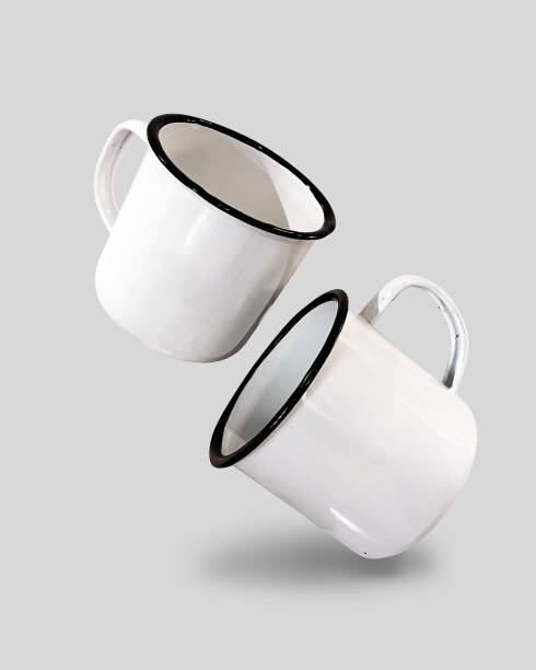 istock Two floating white enamel mug for design mockup 2122200186