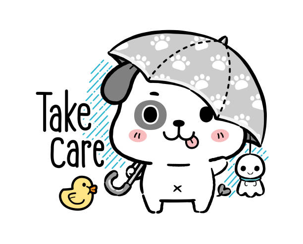 милая маленькая собачка говорит «береги себя», плоский мультяшный стиль. - cartoon umbrella dog care stock illustrations