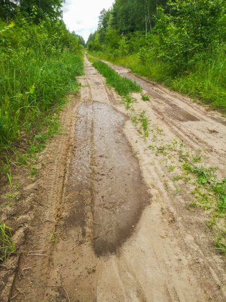 istock Dirt road with puddles after rain 2122241196