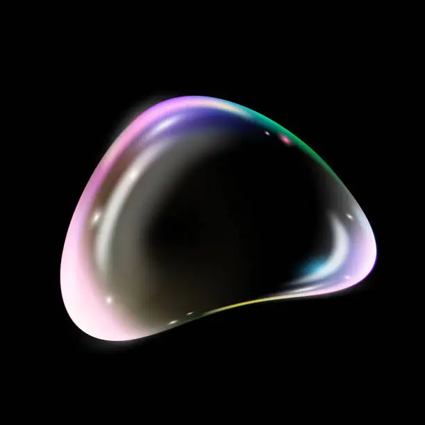 Vector illustration of 3d iridescent fluid glass spectrum foam vector glass heart shape liquid abstract, fluid with holographic effect. Render of transparent glass object, soap water bubble with reflection isolated on black background