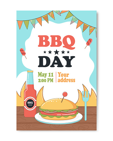 A bright poster on a light background announces an event dedicated to BBQ Day. Decorative elements include a row of holiday flags, a bottle of barbecue sauce, a hot dog, and a cheeseburger, hinting at the delicious offerings that can be expected at the event.