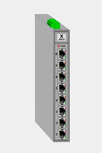 Industrial unmanaged switch layer 2 for DIN rail mounting. Contains 8 RJ-45  ports. At the top is the power connector. 3d vector illustration.