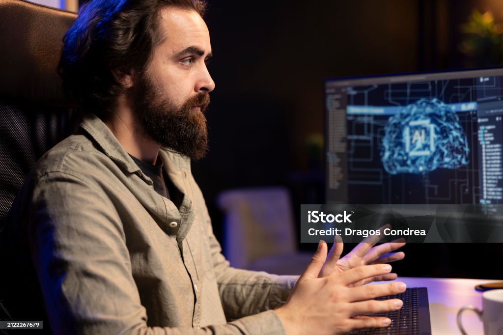 Programmer Using Computer For Artificial Intelligence Computing Stock ...