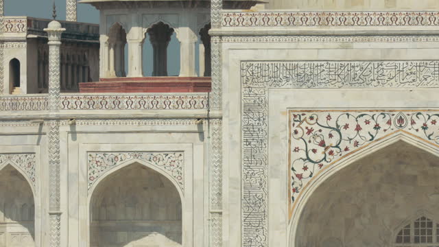 Taj Mahal in Agra, Uttar Pradesh, India. Close up of walls details. air melts and shivers due to high temperature. Seven world wonders. Fabulous Taj mahal travel concept. indian islamic heritage at sunny day