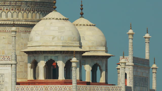 Taj Mahal in Agra, Uttar Pradesh, India. Close up of towers and walls details. air melts and shivers due to high temperature. Seven world wonders. Fabulous Taj mahal travel concept. indian islamic heritage at sunny day