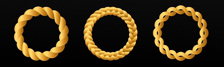Braid circle golden 3d frame. Round braided ring. Twisted rope ornament