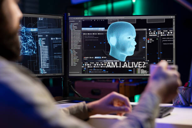istock Programmer drinking coffee and being asked existential questions by awaken AI 2122276108