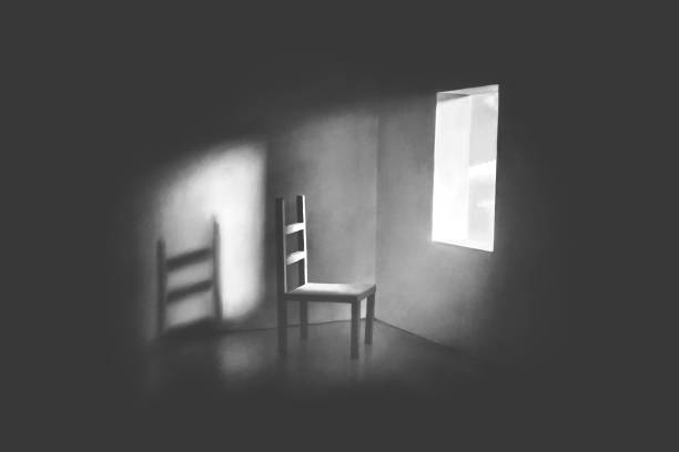 istock Illustration of open window on an empty room, black and white 2122278728