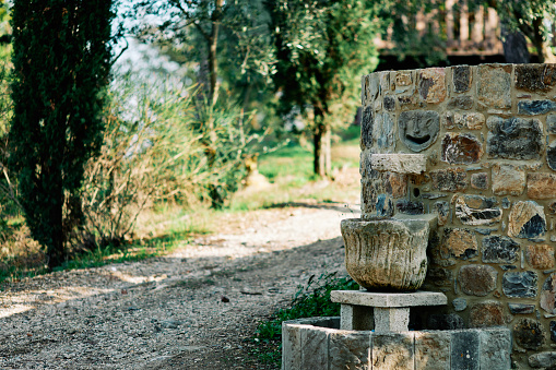 Old fountain with gargoyle carving on stone retaining wall by footpath and trees at Chiusdino