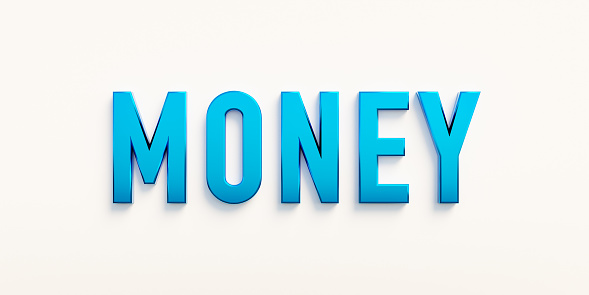 Money, banner - sign. The word money in blue capital letters. Cash, salary, value, currency. 3D illustration