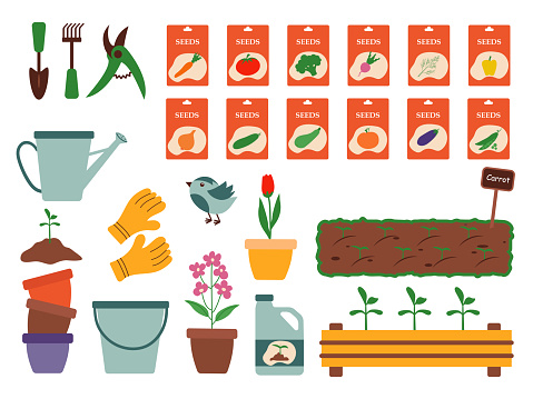 Set of flat gardening and agricultural tools, seeds, flower pots on a white background. Collection of hand-drawn watering cans, secateurs, beds, fertilizers.