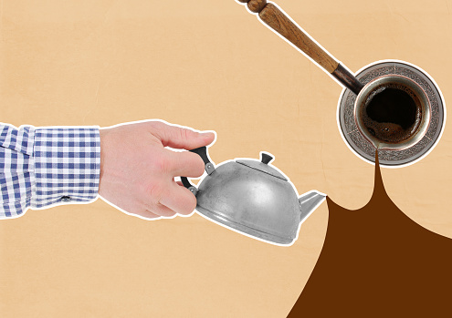 Coffee & Tea Convergence - A Blend of Traditions. Composite Collage. Cezve from which coffee is pouring and a small metal teapot from which tea is pouring. Streams merge together and create space for your text