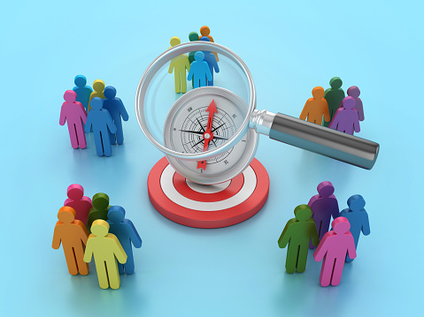 3D Compass on Target with Pictogram People and Magnifying Glass - Color Background - 3D Rendering