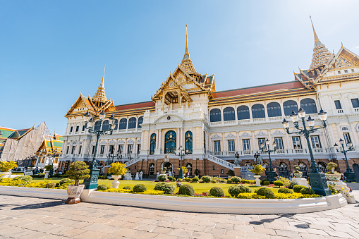 Chakri Maha Prasat throne hall at the Grand Palace complex in Bangkok in Thailand during the day.