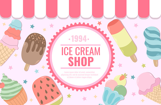 Ice cream shop flat illustration banner. Vector