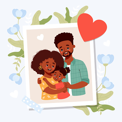 Happy black family. Photo card with portrait of smiling black ethnic man hugging his beautiful wife and daughter. Holiday photo frame with soft blue flowers and heart. Vector illustration.