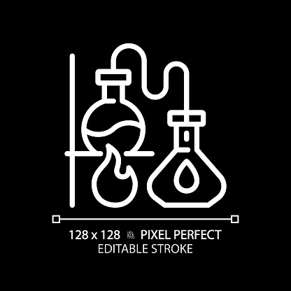 Distillation white linear icon for dark theme. Chemistry lab. Chemical experiment. Separation process. Thin line illustration. Isolated symbol for night mode. Editable stroke. Pixel perfect