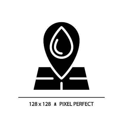 Hydrological map black glyph icon. Water bodies locations. Water system mapping. Cartography. Silhouette symbol on white space. Solid pictogram. Vector isolated illustration. Pixel perfect