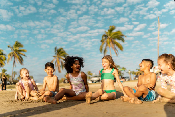 Group of happy Cambodian children on the beach, Cambodia