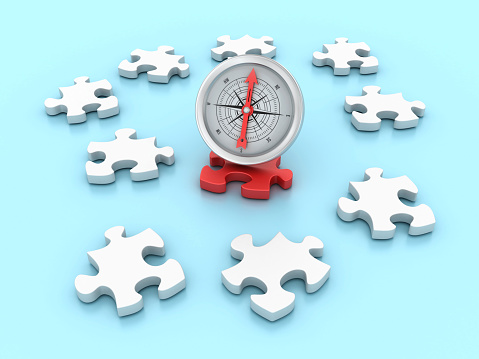 3D Compass with Puzzle - Color Background - 3D Rendering