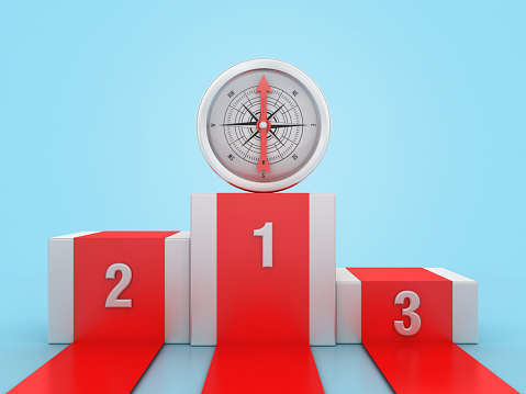 3D Compass on Winners Podium - Color Background - 3D Rendering