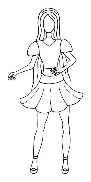 Vector illustration of A girl in a blouse with bell sleeves and a short skirt with pleats at the hem. Sketch.