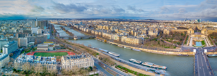 Scenic Prodigious Magnificent Picturesque Paris City in France as Panoramic View From Eiffel Tower and Avenue Des Champs Elysees.Panoramic image