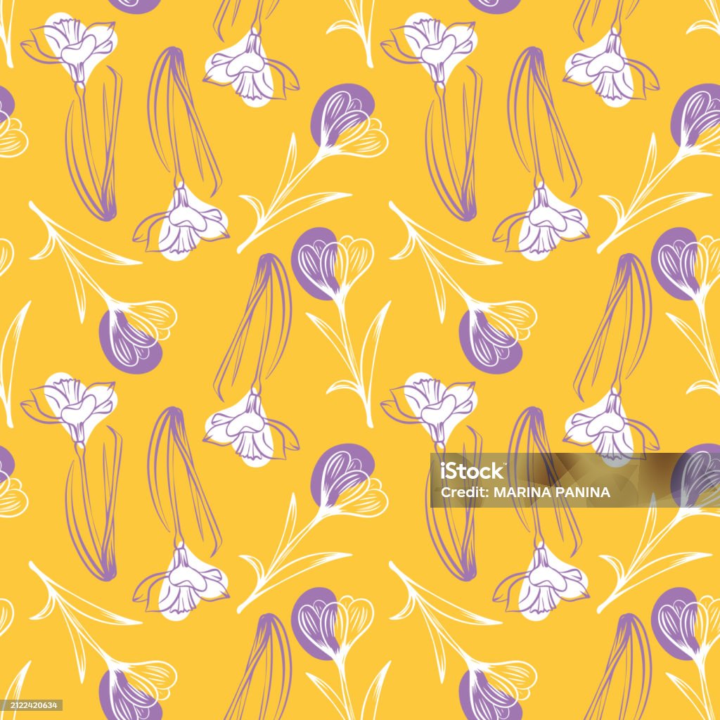 Narsiccus Pattern Sketchstyle Crocus And Narcissus Pattern Handdrawn On Yellow Background ...