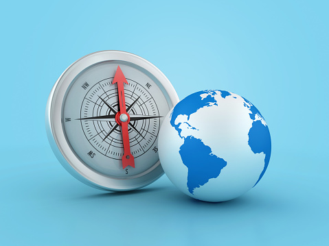 3D Compass with Globe World Map - Color Background - 3D Rendering