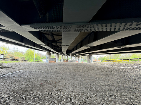 Supports and structure under a flyover on the North Circular road in Edmonton, London. March 2024
