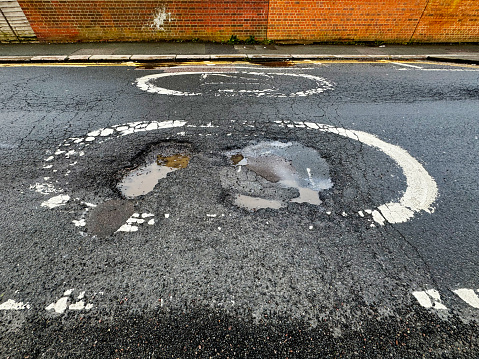 Dangerous pot hole filled with water
