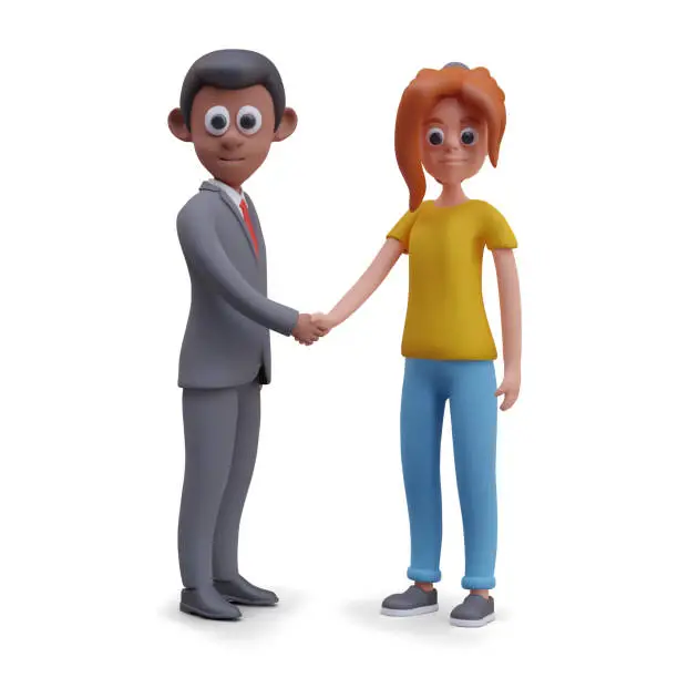 Vector illustration of Man in suit and girl in jeans shake hands. Businessman and freelancer make deal