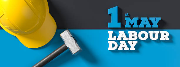 istock Labour day background design with hammer isolated on blue background. 1st May Labour day background. 3D illustration 2122445892
