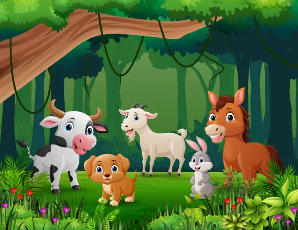 Vector illustration of Cute farm animals cartoon in the jungle