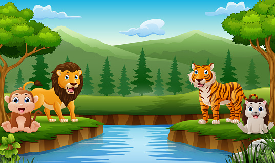 Vector illustration of Cute wild animals cartoon in the jungle