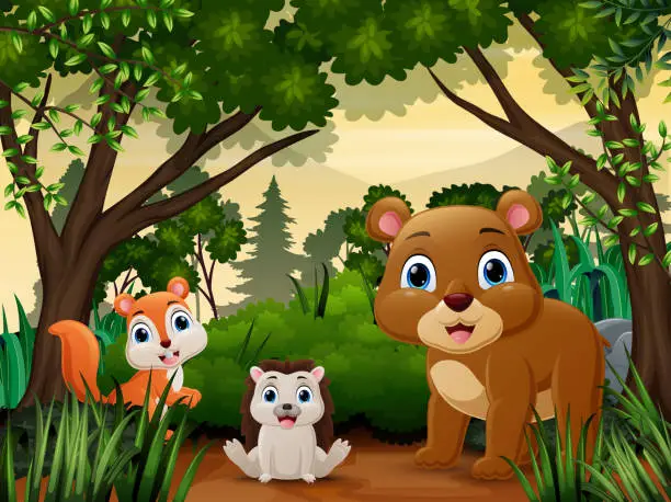 Vector illustration of Cute wild animals cartoon in the jungle