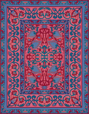 Oriental blue and pink carpet. Floral pattern with frame. Template for textile, tapestry, rug