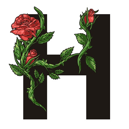 Floral letter H sticker colorful with elegant rose entwining latin alphabet symbol for advertising booklet design vector illustration