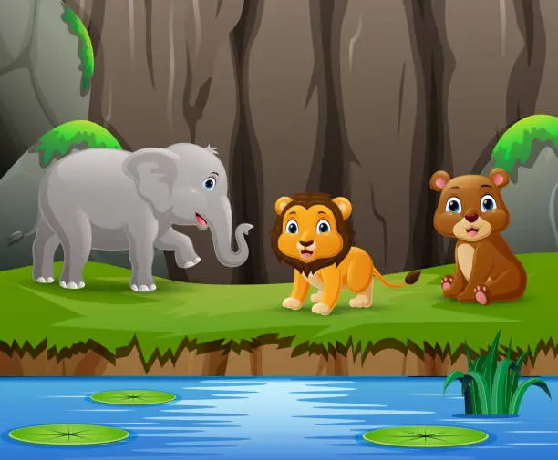 Vector illustration of Cute wild animals cartoon in the jungle