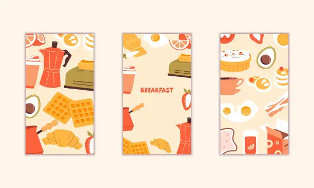 Vector illustration of Set of gentle vector business cards on the theme of breakfast, cafe, food