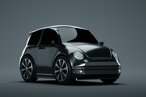 3D model of a mini car, studio shooting, gray background. The concept of car service, repair, purchase, car loan. 3D illustration, 3D render