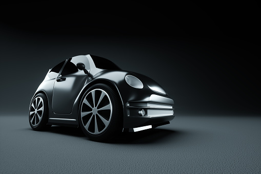 3D model of a mini car, studio shooting, gray background. The concept of car service, repair, purchase, car loan. 3D illustration, 3D render
