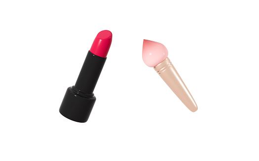 Lipstick and cosmetic brush, cosmetic applicator, 3d rendering. 3d illustration.
