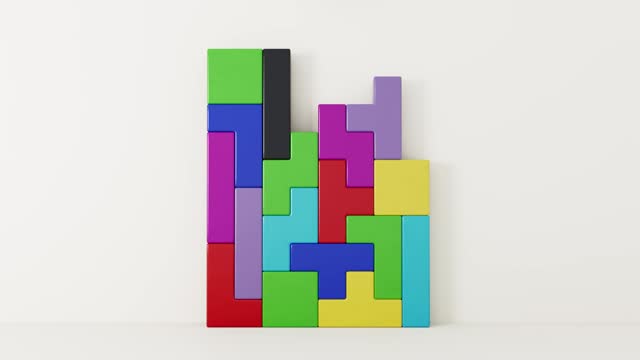 4k Resolution Video: Creative and Logical Thinking Concept. Different Colorful Shapes Wooden Blocks Fall Down on a white background