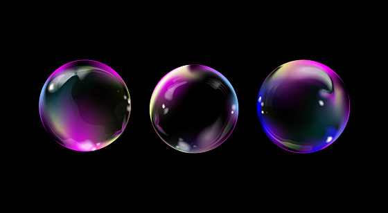 Vector realistic colorful soap bubbles set isolated on black background. Transparent realistic soap bubbles of round shape, trendy 3D design element for poster, wallpaper, banner, flyer, cover, etc.