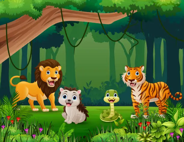 Vector illustration of Wild animals cartoon in the jungle